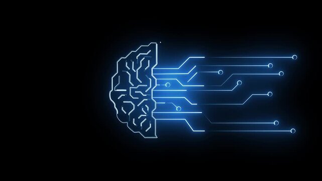 Human brain animation connects neural pathways to digital circuit lines. Cognitive thinking data routes on human brain. Computing consoles operate with human brain.