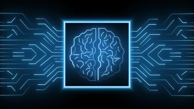 Brain animation displays neural network lines inside a circuit board frame. Cognitive thinking data routes on active brain. Technology consoles operate with brain.