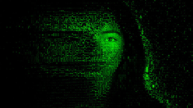 Human Face made of Machine Code. Synthetic Identity Fraud Concept.