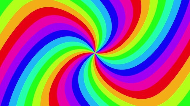 Colorful spiral pattern with rainbow stripes radiating from center, rotating in swirling motion across three frames