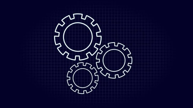 Gears animation displays interlocking mechanical cog contours on a grid. Machine automation data coordinates guide gears. Consoles operate with gears animation online.