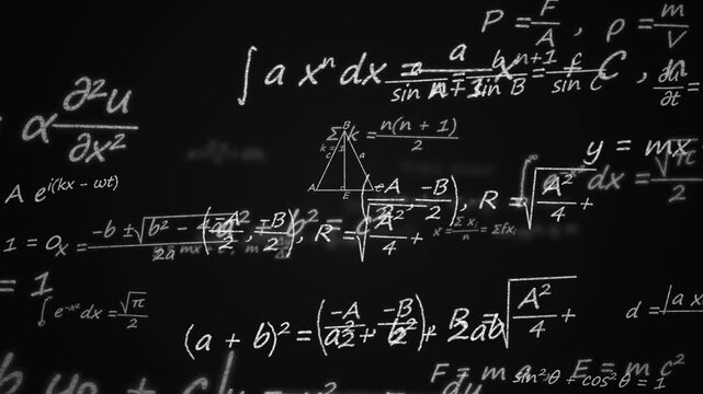 Abstract mathematical equations and formulas floating on a dark background, complex calculations, science and education background, physics, chemistry, engineering