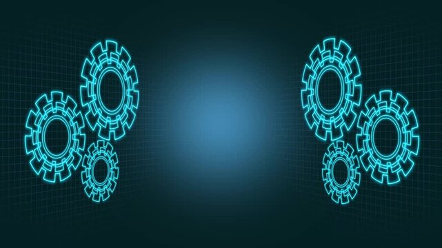 Gears animation displays paired cogs rotating across a tech grid on dark. Machinery automation data coordinates guide gears. Consoles operate with gears online.