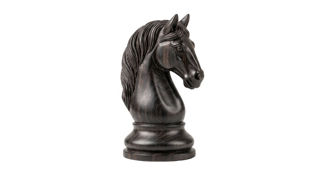 Polished black wooden chess knight piece isolated on white background, handcrafted ebony wood horse head chessman, strategic business leadership icon