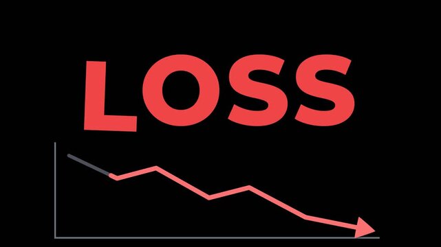 word LOSS dips letter by letter as a red downward graph line draws beneath it and ends in a descending arrow. Useful for financial loss with a transparent alpha channel for compositing