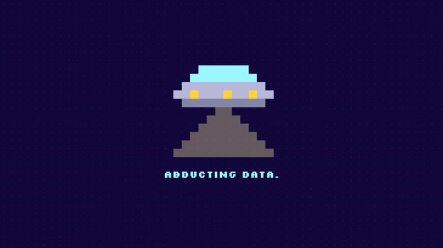 Pixel art UFO spaceship abducting data retro 8 bit arcade game loading screen illustration