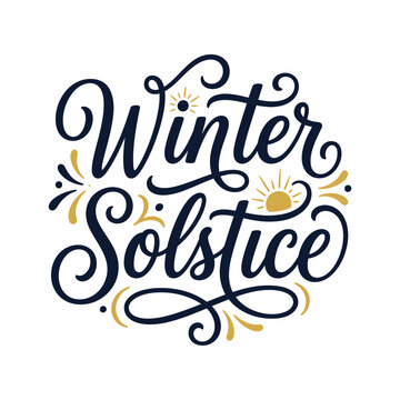 Winter solstice handwritten lettering typography design with sun and decorative swirls white background dark blue
