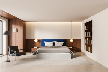Modern bedroom interior with walnut paneling, blue upholstered bed, pendant lights, built-in shelving, and serene minimalist decor. 3D Rendering © ImageFlow