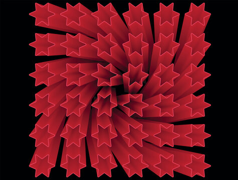 Red stars spiral into darkness, abstract background with 3D effect and copy space.