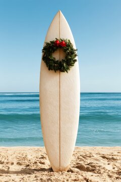 Christmas Wreath with Red Bow on Surfboard at Beach