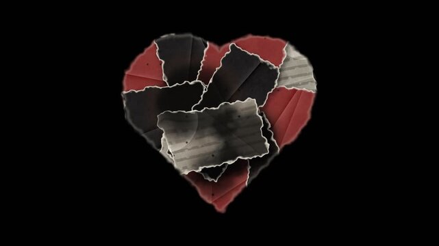 Red and black grunge heart shape collage on black background