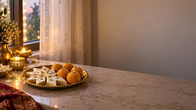 A plate of Indian festival sweets with kaju katli and ladoo
