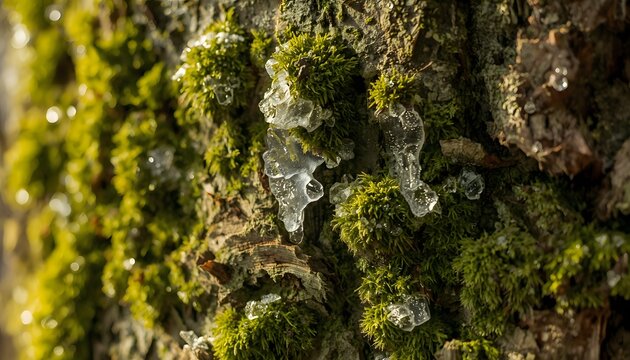 Detailed texture of a rough tree trunk bark partially covered in bright green moss and tiny frozen icicles melting in the sun