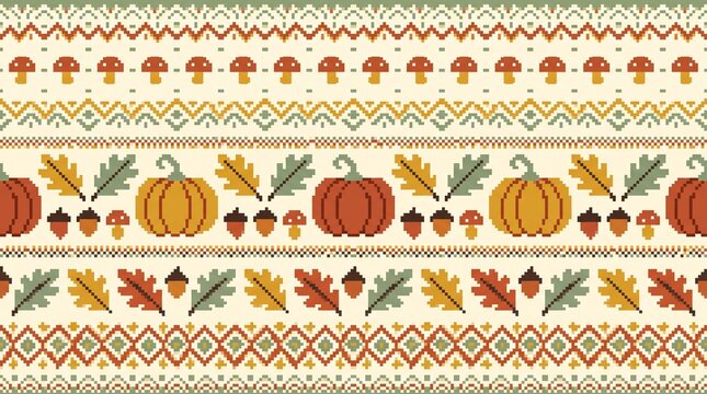 Autumn Harvest Pixel Seamless Fair Isle Pattern Border with Pumpkins, Oak Leaves, Acorns, and Mushrooms