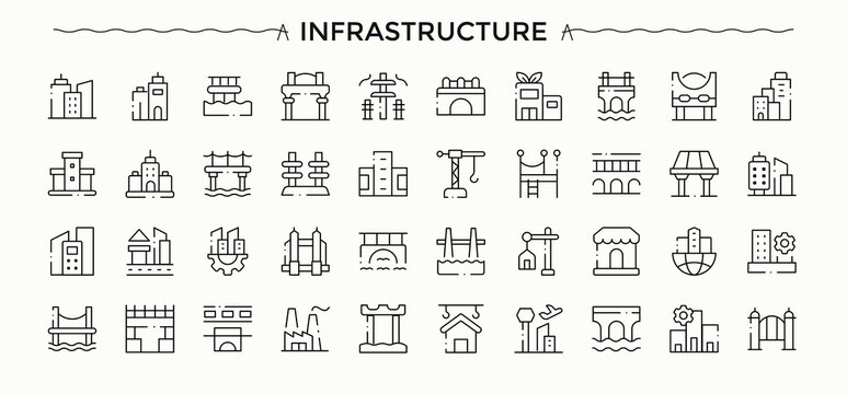 Infrastructure icon. Building thin linear style icons. Minimalist vector collections. Construction modern icon set. Editable stroke. Vector collection.