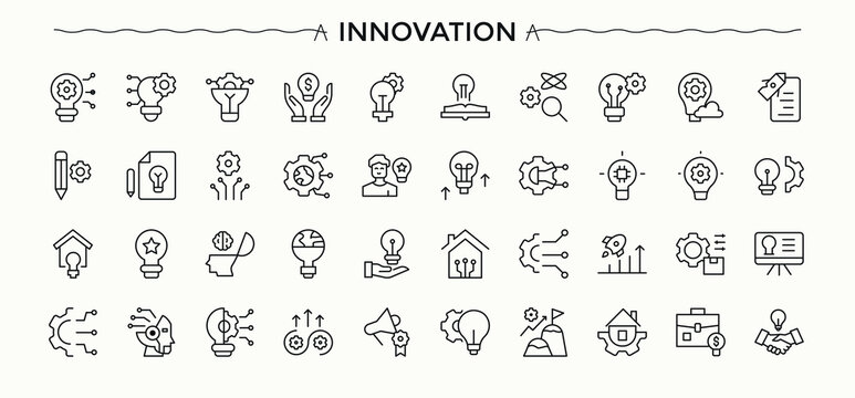 Innovation icon set in linear style. Thinking modern linear icons. Minimalist linear icons. Technology line icon set. Pixel perfect. Editable stroke.