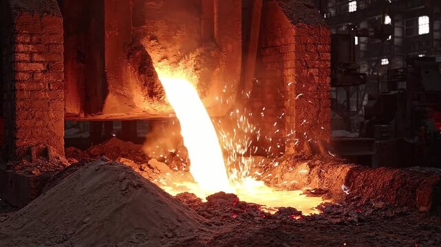 Molten steel pours from furnace into foundry pit, scattering sparks. Steelmaking, metal casting and heavy industry. Industrial manufacturing process. Metallurgy and materials production.