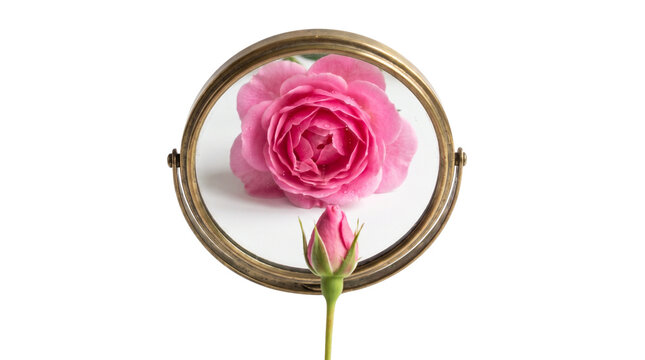 Vintage brass mirror reflecting a pink rose bud as a full bloom, conceptual growth and self reflection, blooming flower on white background