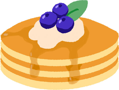 Cute stack of fluffy pancakes with melting butter blueberries and maple syrup vector illustration isolated on transparent background