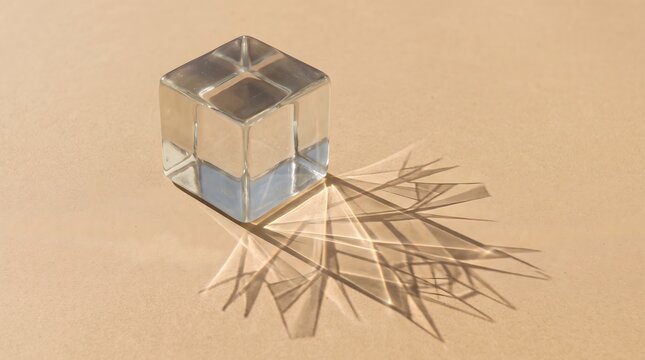 AI-generated minimalist fine-art image of a translucent glass cube casting branching geometric shadows, symbolizing logic, algorithms, and computational thinking.