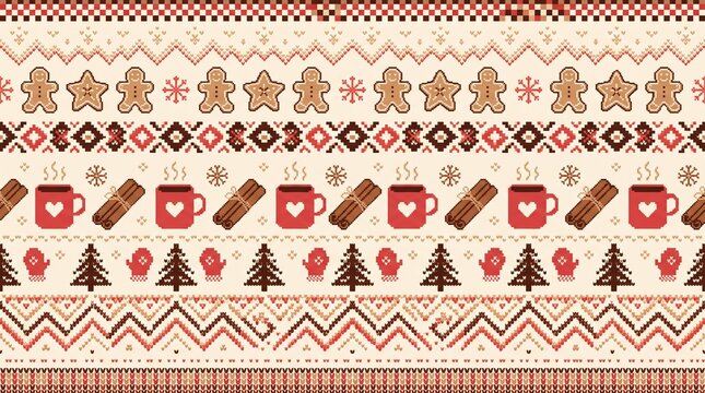 Fair Isle gingerbread men mugs trees holiday pattern border