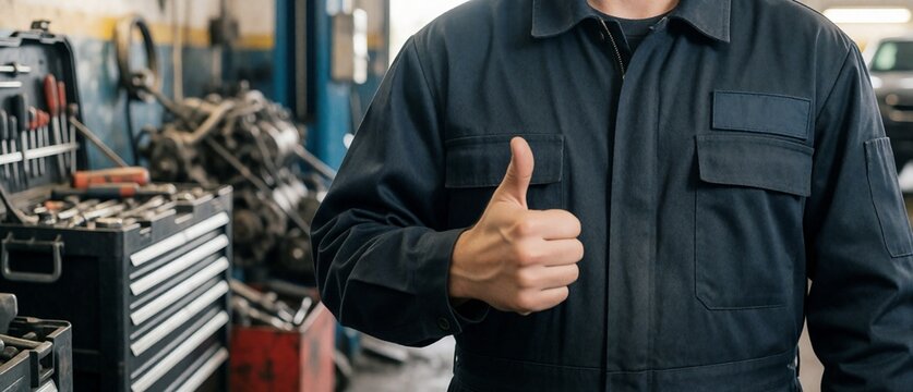 自動車整備工場でつなぎを着用し親指を立てるサインを出す整備士のクローズアップ