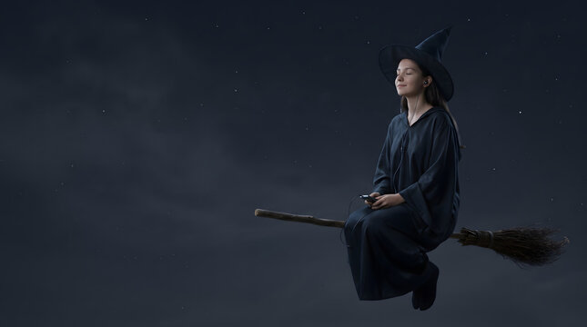Peaceful witch on a broom in the night sky listening to music with wired earbuds.