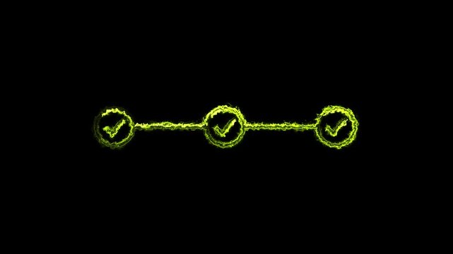 Neon 3 step infographic process with check mark icon. infographic step by step process icon animation on black background, step process success with check marks. 4k animation video.