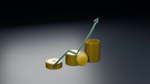 3D Rising Gold Dollar Coin Stacks and Green Arrow Showing Profit Growth