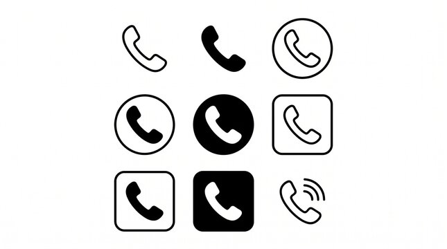 Collection of nine telephone receiver icons featuring outlined and solid designs, circular and square backgrounds, arranged in three rows, minimalist black vector illustration.