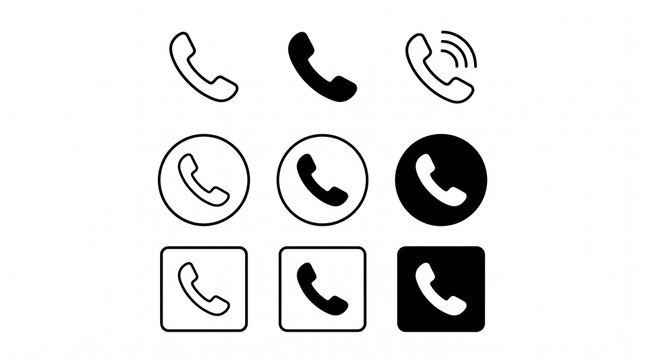 Collection of nine telephone receiver icons featuring outlined and solid designs, circular and square backgrounds, arranged in three rows, minimalist black vector illustration.