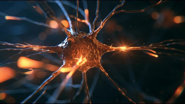 An illuminated neuron sends signals along branching fibers in a microscopic view of the nervous system.