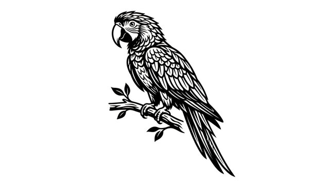 Parrot perches securely upon a branching wooden twig.