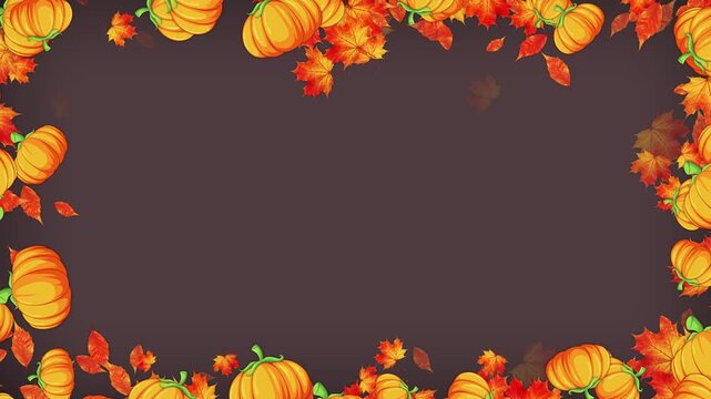 autumn leaves and pumpkins border frame on brown  animation,pumpkin thanksgiving and Halloween celebration video stream social media motion background