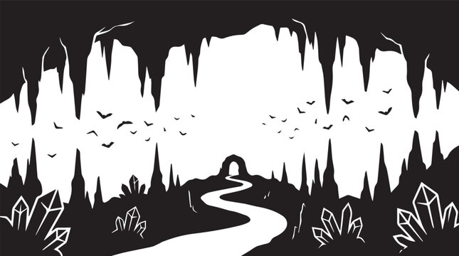 Underground Cave Stalactites Crystals Winding Path And Bats Silhouette Vector