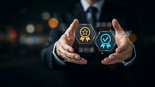 Businessman presenting quality assurance standard and certification symbol digital interface