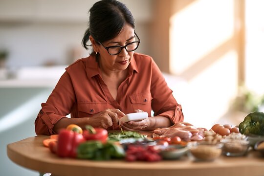 A woman using a blood glucose monitor to check her sugar levels while surrounded by fresh, healthy ingredients for cooking