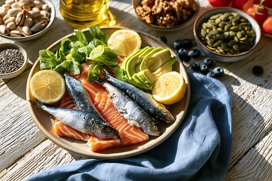 Healthy food plate with salmon, sardines, avocado, and lemon on a rustic wooden table