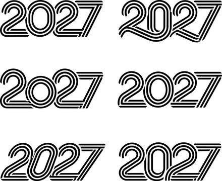 Dynamic ribbon line 2027 typography vector logo set, modern optical illusion parallel line numbers, sleek curved happy new year 2027 text badges