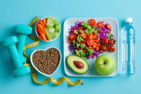 Healthy lifestyle concept with dumbbells, measuring tape, fresh vegetables, lentils, avocado, apple, and water bottle on a blue background