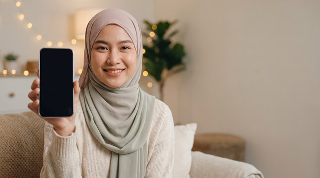 Muslim woman showing smartphone at home with warm smile, creating welcoming digital Ramadan greetings concept.