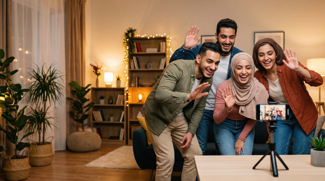 Digital Ramadan greetings bring joyful Muslim family and friends together for warm video call in cozy home, sharing smiles and celebration.