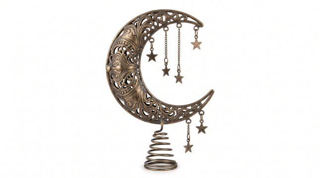 Decorative metal crescent moon wall hanging with star ornaments and spring detail