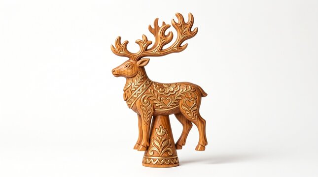 Carved wooden reindeer with intricate antlers standing on decorative base