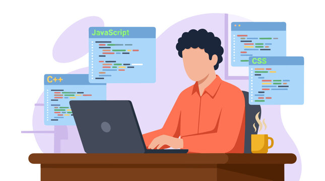 Software developer coding JavaScript, C++, CSS on computer at desk