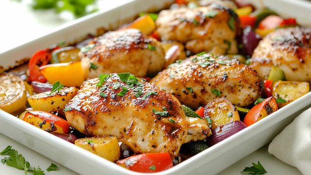 Tray of roasted chicken thighs with vegetables