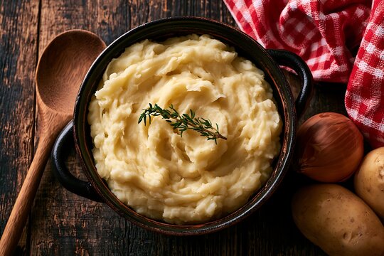 Top view of creamy mashed potatoes in a dark bowl with a sprig of fresh thyme, served on a rustic wooden table with potatoes, onion, and a red checkered cloth