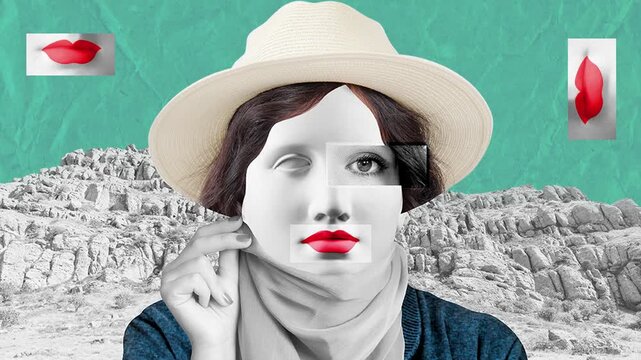 Surreal crazy GIF animation. Stop motion art concept with statue head and woman face. Funky video.