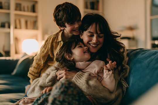 A mother embracing her two children on a couch in a cozy, warm living room, sharing a tender and loving family moment