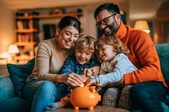 Happy family with two children sitting on a sofa at home and putting coins into an orange piggy bank, enjoying quality time together